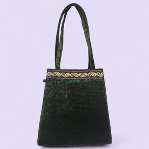 Vintage 60s Emerald Velvet Mini Bag Paisley Fringe Trim Jewel Tone Trapeze Purse